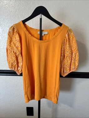 LOFT Orange Embroidered Puff Sleeve Ribbed Tee